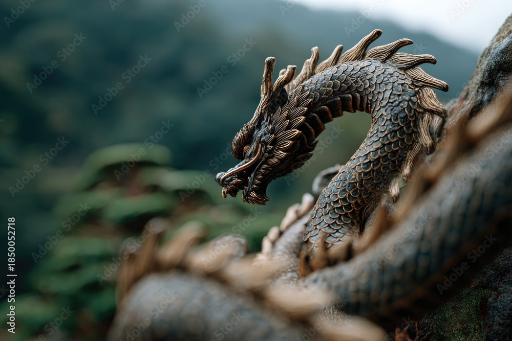 Fototapeta premium Mythical Japanese Dragon Floating Among Clouds 