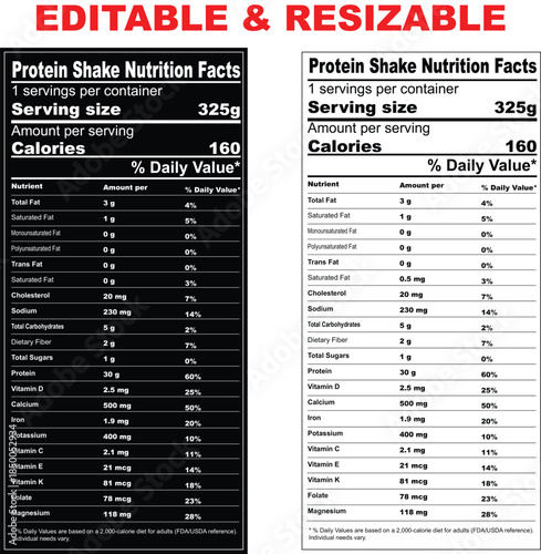 Protein Shake label isolated on white background with daily values, nutrition calculator, nutritional panel, Supplement Facts