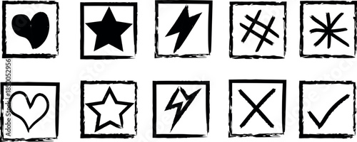 A collection of 8 hand drawn symbols on cards including hearts stars lightning bolts and checkmarks in black and white