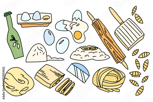 A large pasta making set, including eggs, flour, butter, a dough ball, and cooking utensils, a rolling pin, a pasta maker, and a stamp. A collection for shared cooking.