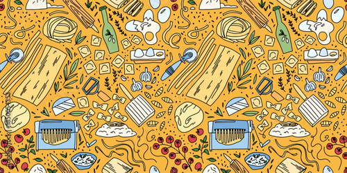 Seamless hand drawn pattern featuring pasta making elements. The illustration includes dough, flour, eggs, rolling pin, pasta machine, spaghetti, ravioli, tomatoes, herbs and olive oil.