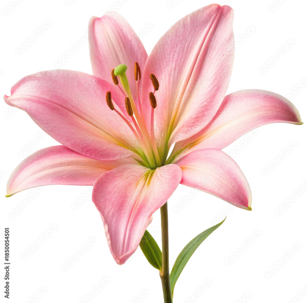 Naklejka premium A vibrant, delicately rendered pink stargazer lily with broad, gently curving petals and prominent golden-brown anthers, gracefully presented on a slender green, isolated on transparent background.