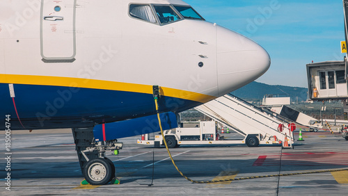 Commercial Passenger Jet Parked at Airport Gate with Boarding Equipment