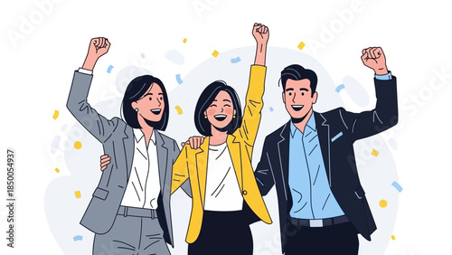 Three excited business people celebrating success with raised fists.