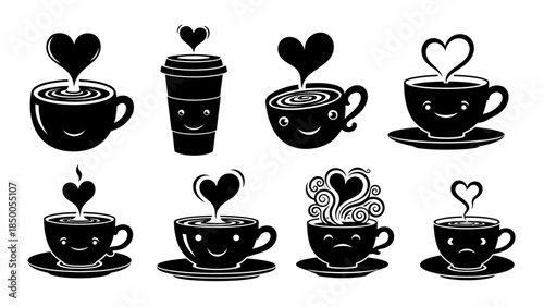 Cartoon Coffee Cups Icon Set – Black and White Smiling Hot Drink Illustrations with Hearts, Espresso, Latte, Cappuccino, Love and Emotion Vector Collection.