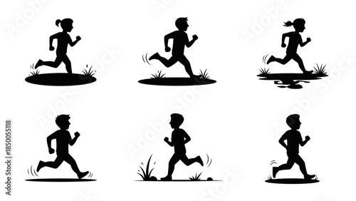 Silhouettes of people running jogging and exercising outdoors man and woman engaged in physical fitness activity healthy lifestyle concept vector illustration icon set isolated on white background