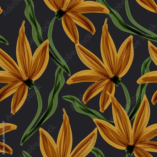 Seamless hand-painted floral pattern with stylized yellow flowers, green stems, and a black background, ideal for textiles, wallpapers, and surface design.