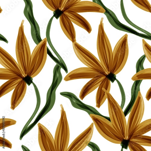 Seamless hand-painted floral pattern with stylized yellow flowers, green stems, and a clean white background, ideal for textiles, wallpapers, and surface design.
