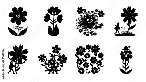 Black flower characters set expressing various emotions and interacting with gardener funny floral cartoon icons graphic style vector illustration collection