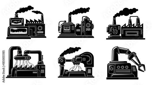 Industrial Factory Machines Icon Set – Black Silhouette Manufacturing, Automation and Production Equipment Collection
