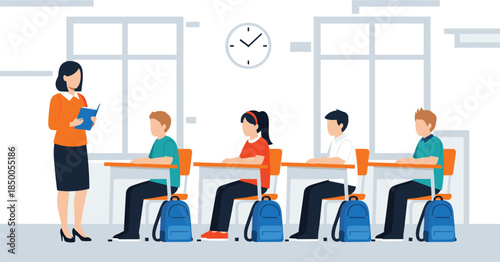 Female teacher teaching diverse students in modern classroom illustration, education concept, school lesson, learning environment, flat design vector style for academic training children youth
