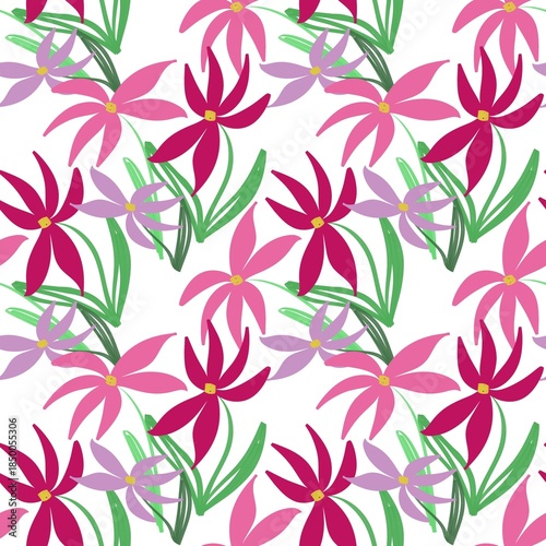 Seamless hand-drawn floral pattern with stylized pink and magenta flowers, green leaves, and a clean white background, perfect for textiles and wallpapers.