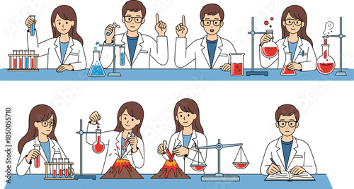 Science students working in chemistry laboratory, educational research illustration showing experiments, teamwork, learning, lab equipment, STEM education, school classroom