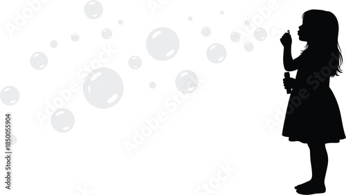 Silhouette of little girl blowing soap bubbles, childhood imagination concept, playful moment, innocence joy, creative freedom, minimal background, kids activity, dreamy atmosphere