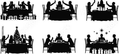 Silhouette people dining together at festive table celebration scenes with family friends Christmas tree gifts toasting holiday dinner party tradition flat vector set illustration