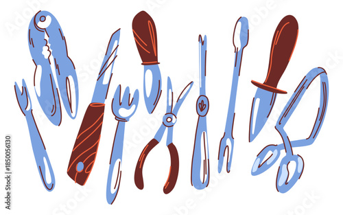 A collection of utensils for cutting and eating seafood, mollusks, and crustaceans