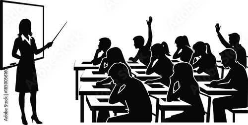 Teacher teaching students in classroom silhouette education concept with raised hands learning knowledge school lesson training academic environment black white illustration back to school