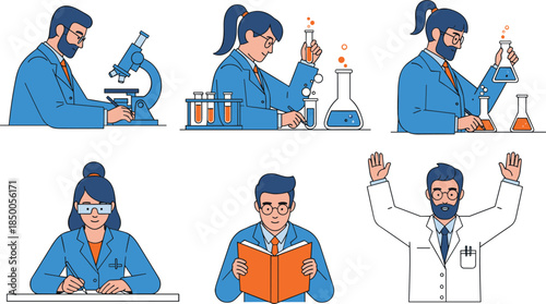 Scientists and researchers working in laboratory, science education, chemistry biology experiments, flat vector illustration for research teamwork, innovation, learning, academic concept,