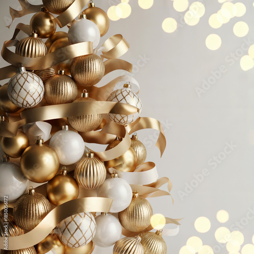 Gold Christmas Ornament Tree Elegant Holiday Decor – Luxury Gold Christmas Ornament Tree with Ribbon – Modern Gold Christmas Ornament Tree Background