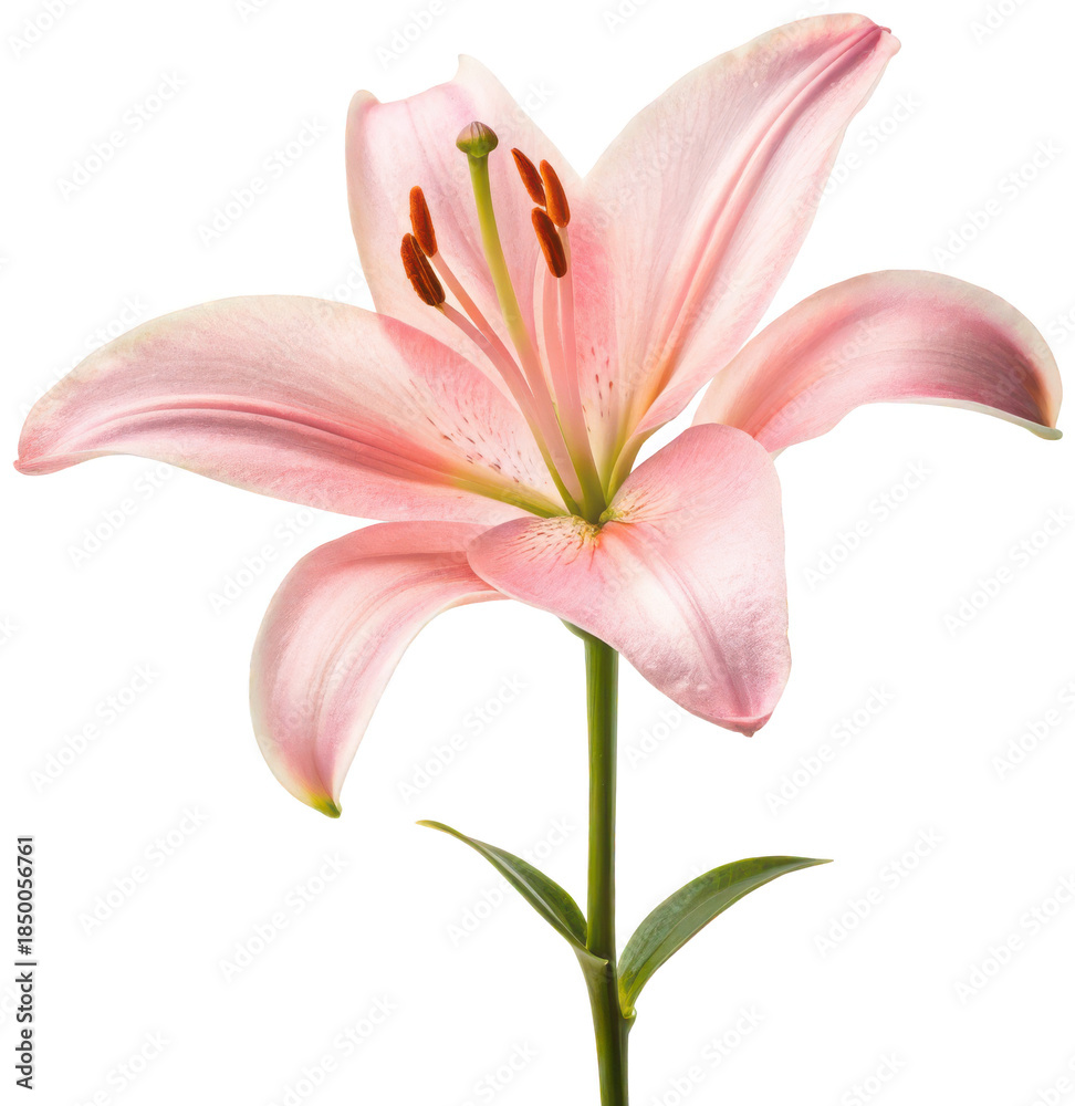 Naklejka premium A delicate, blush-pink Stargazer lily with gracefully curved petals and prominent golden-brown anthers stands upright, showcasing its vibrant floral structure, isolated on transparent background.