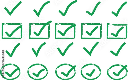Green checkmarks and checked boxes on white background