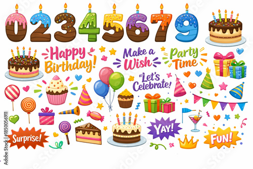 Birthday Cake Number Candles and Greeting Words Icons – Editable Vector Bundle