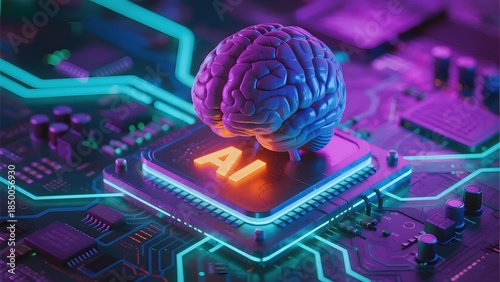 A digital brain rests atop a glowing AI chip embedded in a circuit board, symbolizing artificial intelligence and neural computing.