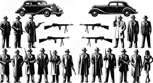 Gangster era illustration, vintage cars, trench coat men, Tommy guns, noir style, organized crime, 1920s fashion, weapons, retro, black and white