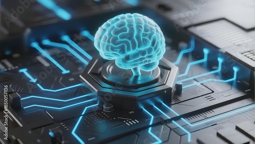 Digital brain model integrated into a futuristic circuit board with glowing blue pathways