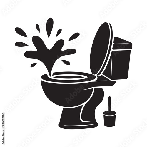 Overflowing toilet with splashing water and nearby cleaning brush illustration