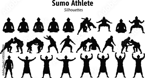 Sumo athlete silhouettes, wrestling poses, black figures, martial arts, traditional sport, Japanese culture, dynamic stances, bold design, fitness, combat