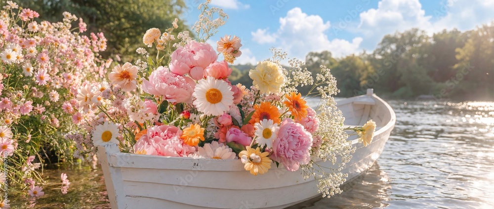 Obraz premium A quaint boat overflowing with vibrant flowers gently floats on a serene lake, a whimsical scene filled with beauty and tranquility.