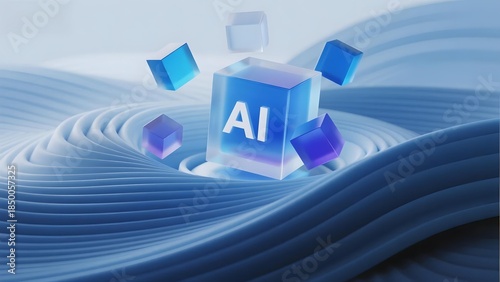 Abstract representation of AI with floating cubes on a wavy blue surface