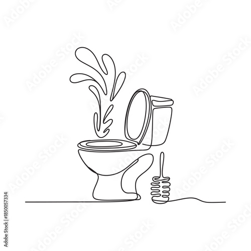 Line art illustration of a toilet with splash and cleaning brush