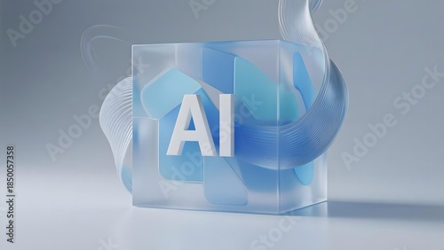 Transparent cube with AI text and abstract blue shapes, symbolizing artificial intelligence technology