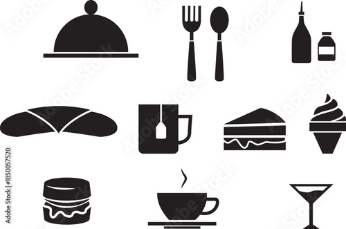 A versatile collection of minimalist black silhouette icons for food, beverages, and dining, ideal for menu design, cafe branding, and culinary graphic projects