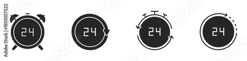 24-Hour Clock And Timer Solid Icon Set. Time Management, Scheduling, And Continuous Operation Silhouette Symbol Collection. Efficiency And Productivity Tools. Isolated Vector Illustration