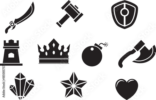 A versatile vector icon set crafted for fantasy game development and digital design projects, representing essential elements of power, defense, challenge, and ultimate achievement