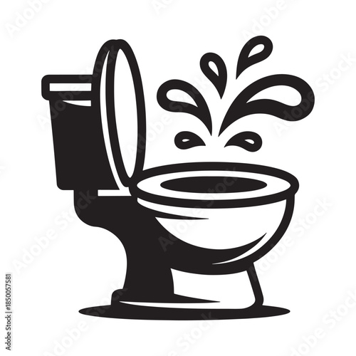 Overflowing toilet with splashing water a simple black and white illustration
