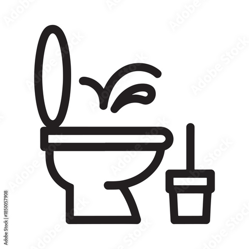 Simple black and white line drawing of a toilet and brush