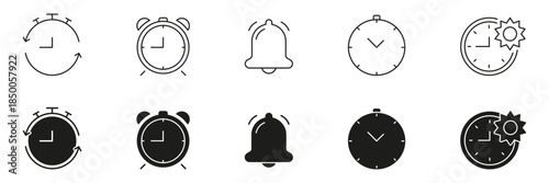 Clock And Alarm Icon Set. Time Management, Scheduling, And Reminder Symbols Collection. Includes Stopwatch, Bell, And Daytime Indications. Isolated Vector Illustration