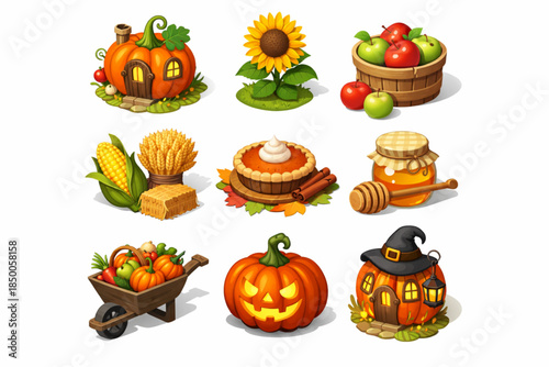 Harvest Festival Isometric Icons Set with Pumpkin, Sunflower, Apples and Fairy-Tale Elements