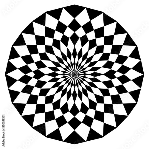 Hypnotic optical illusion of a swirling checkerboard vortex in black and white