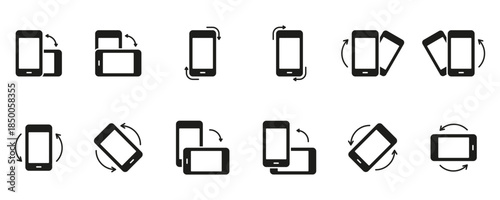 Phone Screen Rotation Solid Icon Set. Mobile Device Orientation Change With Arrows Showing Motion, Flip, Tilt and Usability for Digital Interfaces Silhouette Symbol. Isolated Vector Illustration