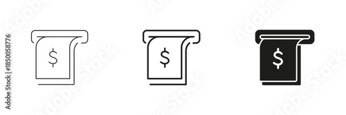 Atm Receipt With Dollar Sign Line And Solid Icon Set. Financial Transaction, Banking, And Cash Withdrawal Outline And Silhouette Symbol Collection. Isolated Vector Illustration