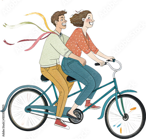 A couple riding a tandem bicycle clipart, white background