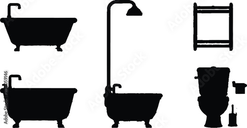 Set of bathroom accessories and vector objects featuring a bathtub, toilet, and bath equipment icons in a cartoon illustration design