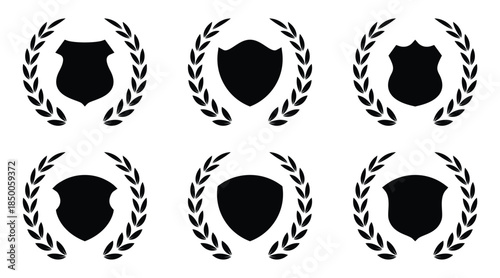 Set of six black silhouette circular laurel wreaths with blank shields. Shield with Laurel Wreath Icon. Collection of classic black shield icons, laurel wreaths.
