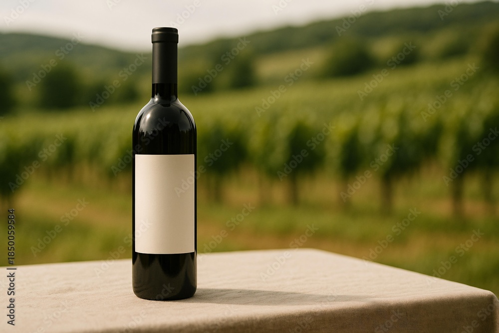 Fototapeta premium Elegant Wine Bottle Mockup in Vineyard Setting for Branding and Design Presentation
