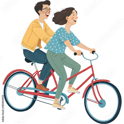 A couple riding a tandem bicycle clipart, white background